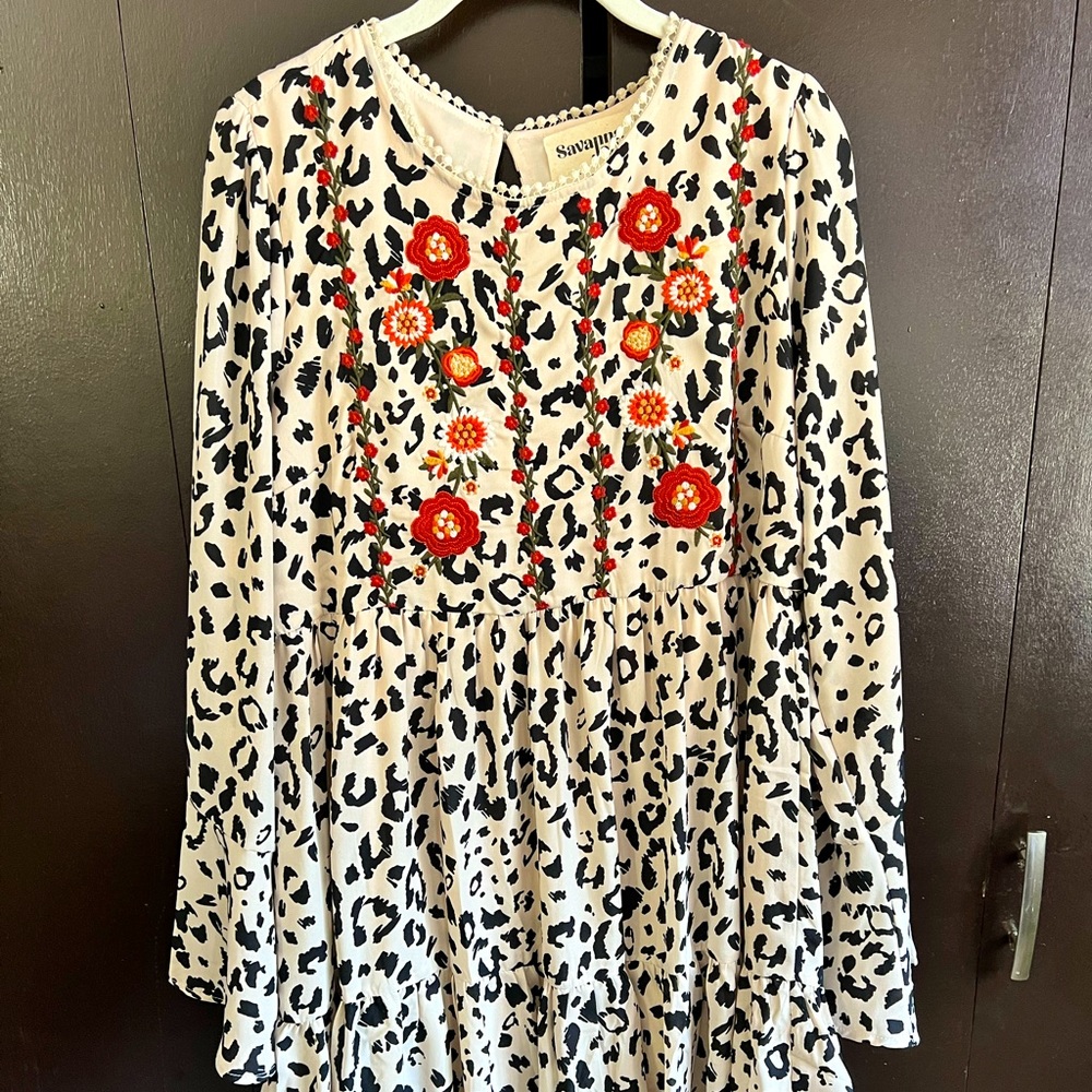 Savanna Jane Leopard Print Embroidery Dress size L Large EUC